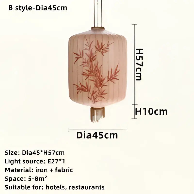 Japanese lantern painting featuring a cylindrical peach fabric chandelier with reddish-brown bamboo leaf patterns