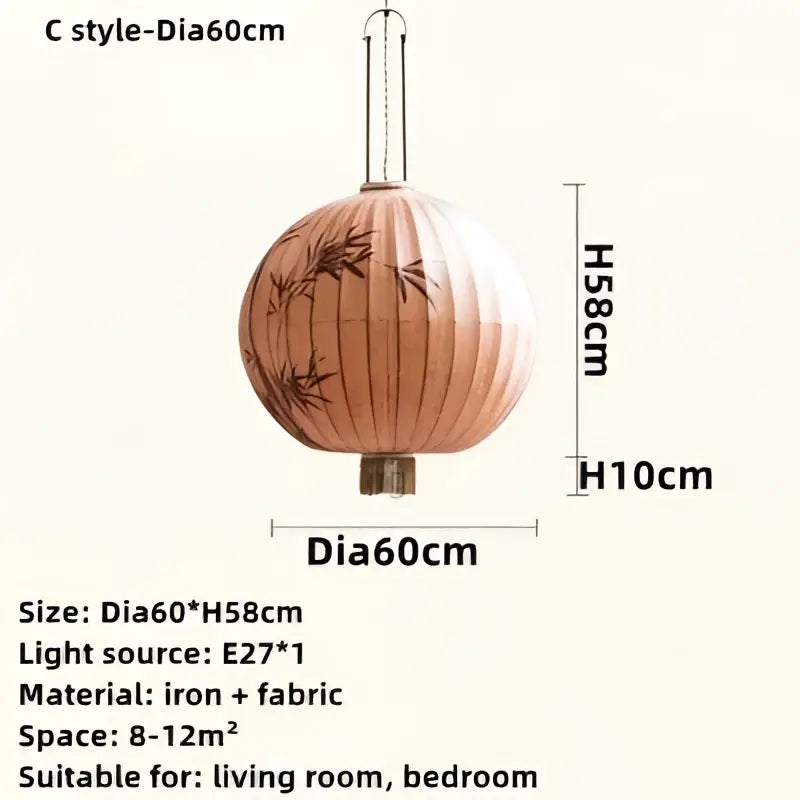 A peach-colored japanese lantern painting chandelier made of iron and fabric with bamboo leaf patterns for dining rooms