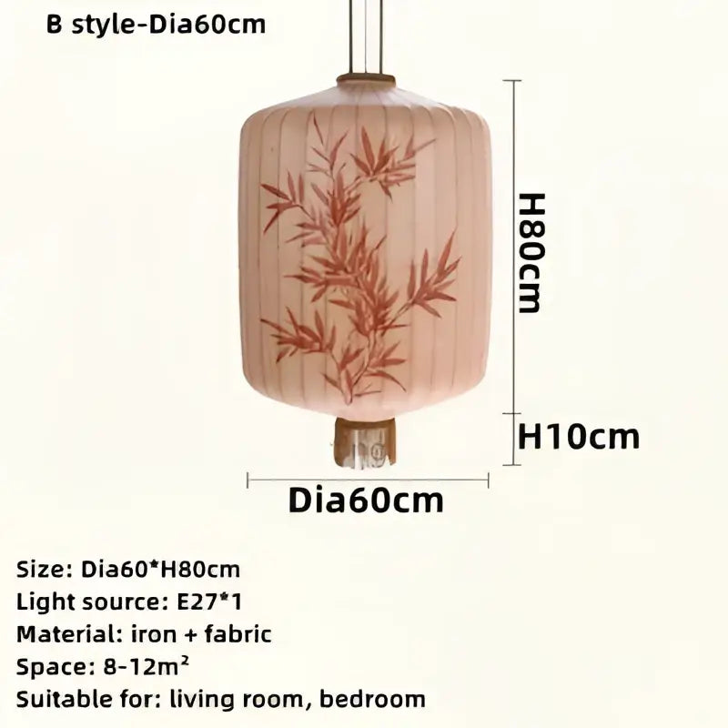 Japanese lantern painting with beige peach fabric body and reddish-brown bamboo embroidery for dining room light