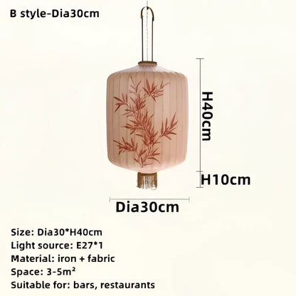 Peach-colored japanese lantern painting chandelier made of iron and fabric with bamboo design for dining rooms