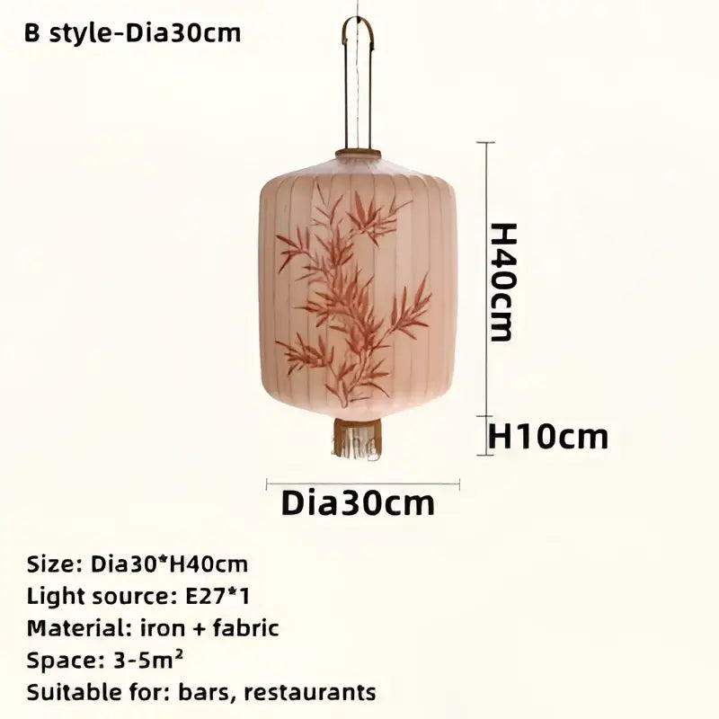 Peach-colored japanese lantern painting chandelier made of iron and fabric with bamboo design for dining rooms