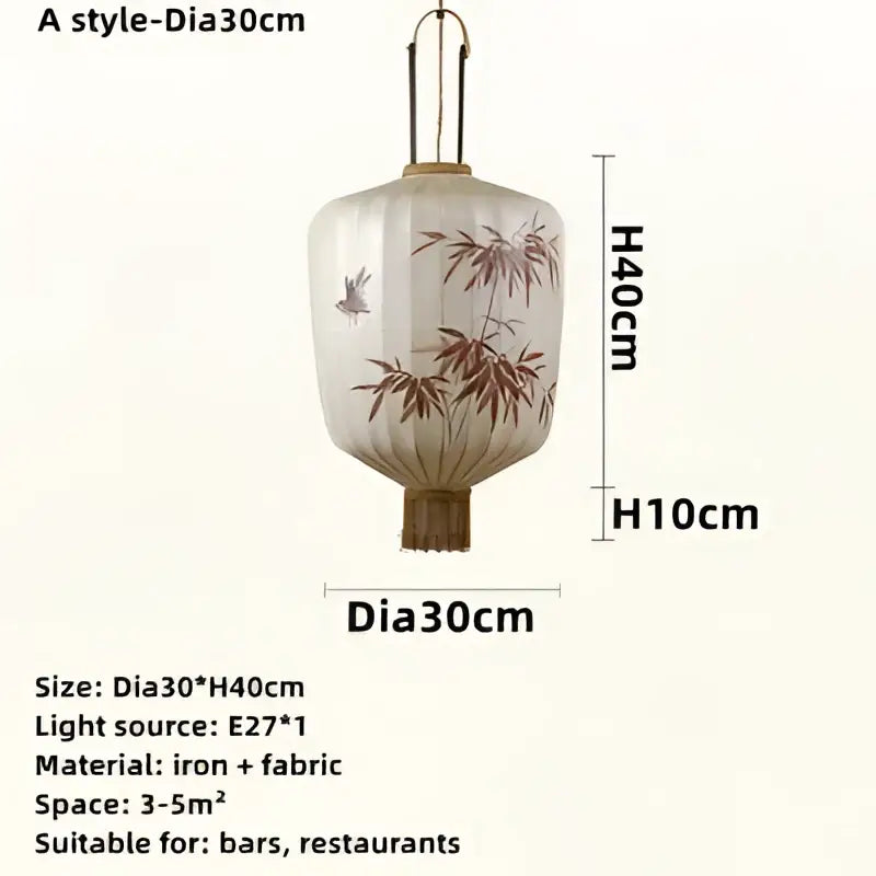 Japanese lantern painting peach fabric chandelier with delicate bamboo and bird illustrations in earthy tones crafted from iron and fabric