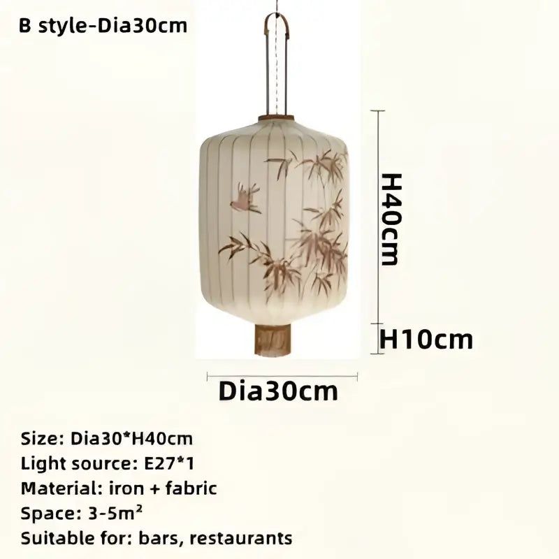 Beige fabric japanese lantern painting chandelier with brown bamboo and bird embroidery framed by iron hanging from hook