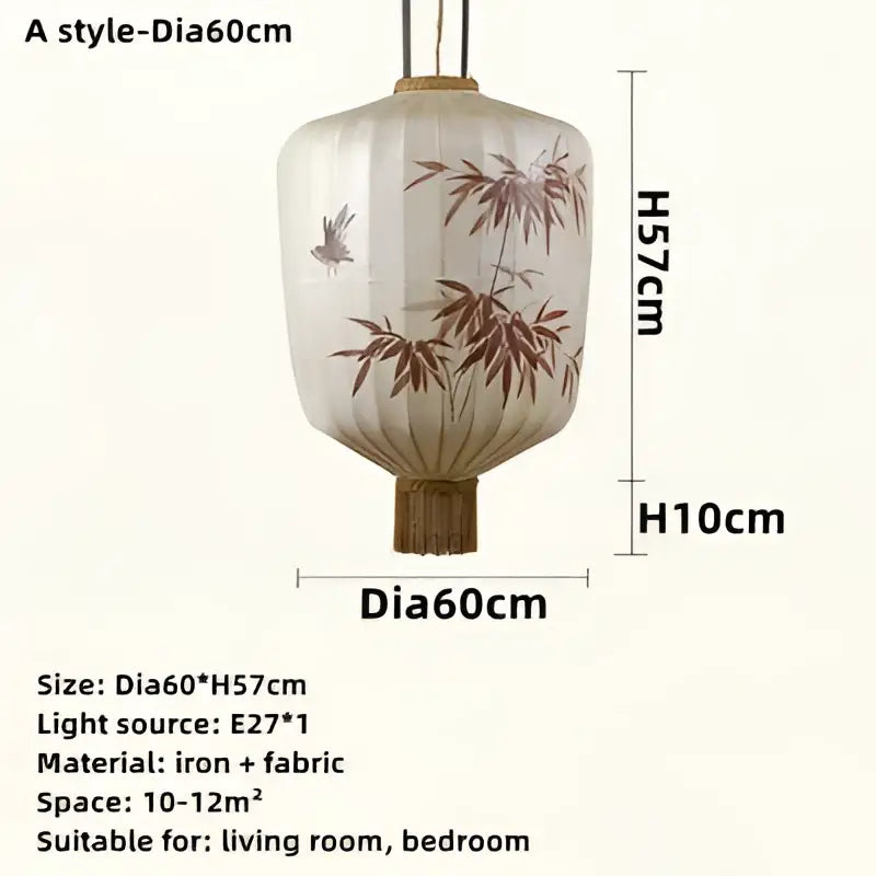Japanese lantern painting peach fabric chandelier with white fabric and brown bamboo bird motifs in iron frame for dining room light