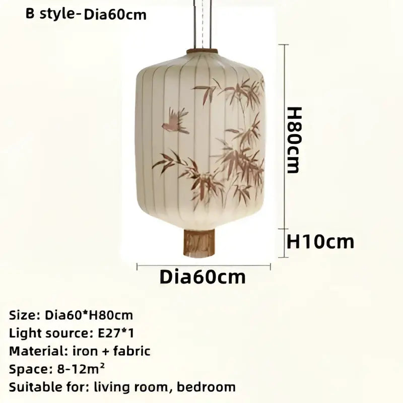 Beige japanese lantern painting with brown bamboo and bird patterns made of iron and fabric for dining room light