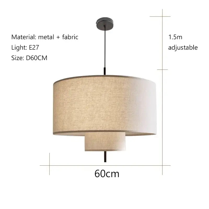 Beige fabric drum pendant lamp with metal fixture and adjustable height for kitchen decorbites camden japanese style