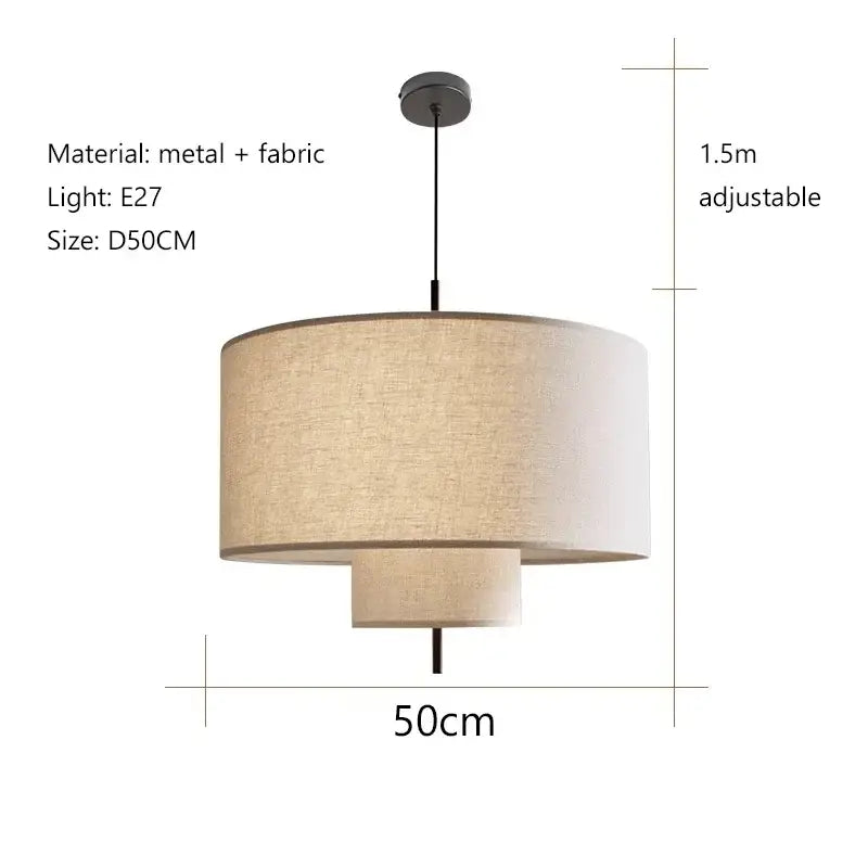 Beige fabric drum pendant lamp with metal fixture and adjustable height from decorbites camden japanese collection