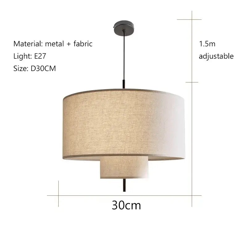 Beige fabric drum pendant lamp with metal fixture and adjustable height from decorbites camden japanese collection