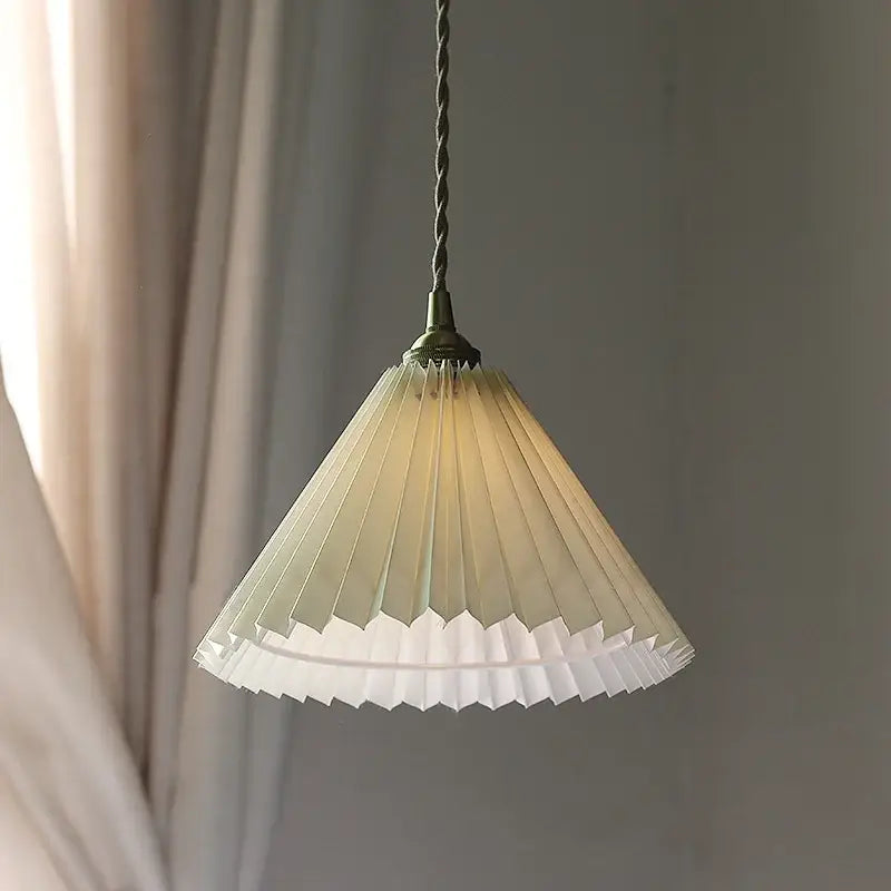 Delicate off-white pleated glass pendant light with twisted metal chain and brass-toned fixture for living room decorbites led walnut wood