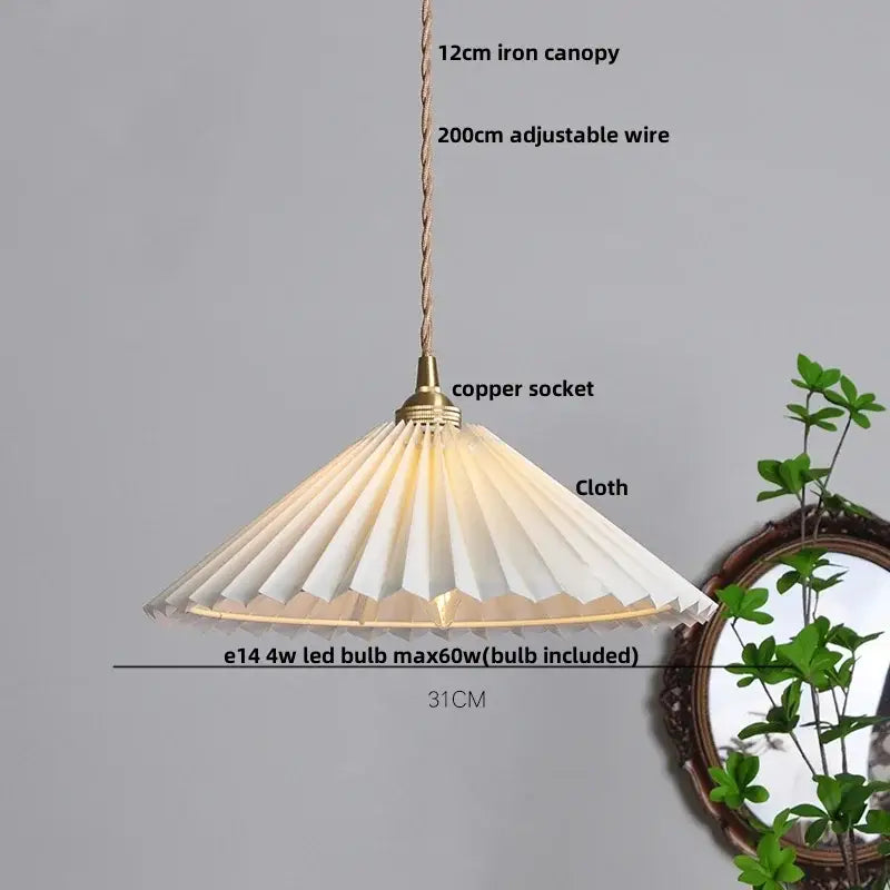 White pleated fabric pendant light with brass copper socket and 12cm iron canopy for decorbites led walnut wood decor