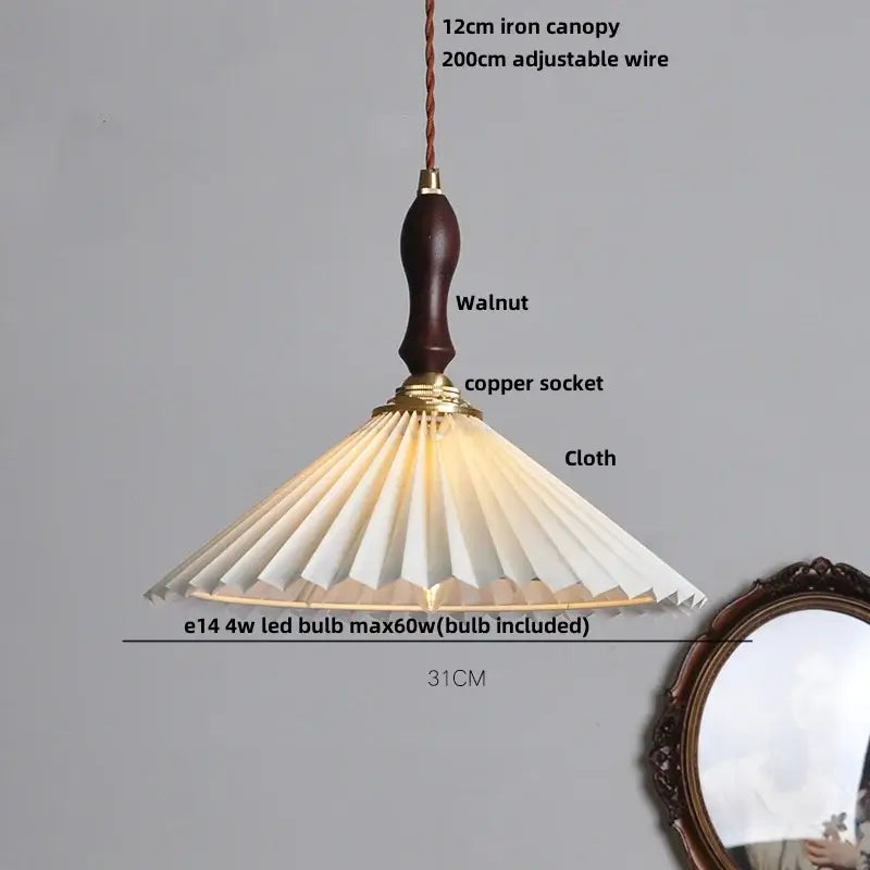 Japanese pleated paper pendant light with white shade, led walnut wood canopy, and copper socket for living room decorbites led walnut