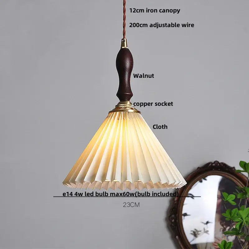 Japanese pleated paper pendant light with warm tones, walnut wood handle, brass accents for decorbites led walnut wood decor