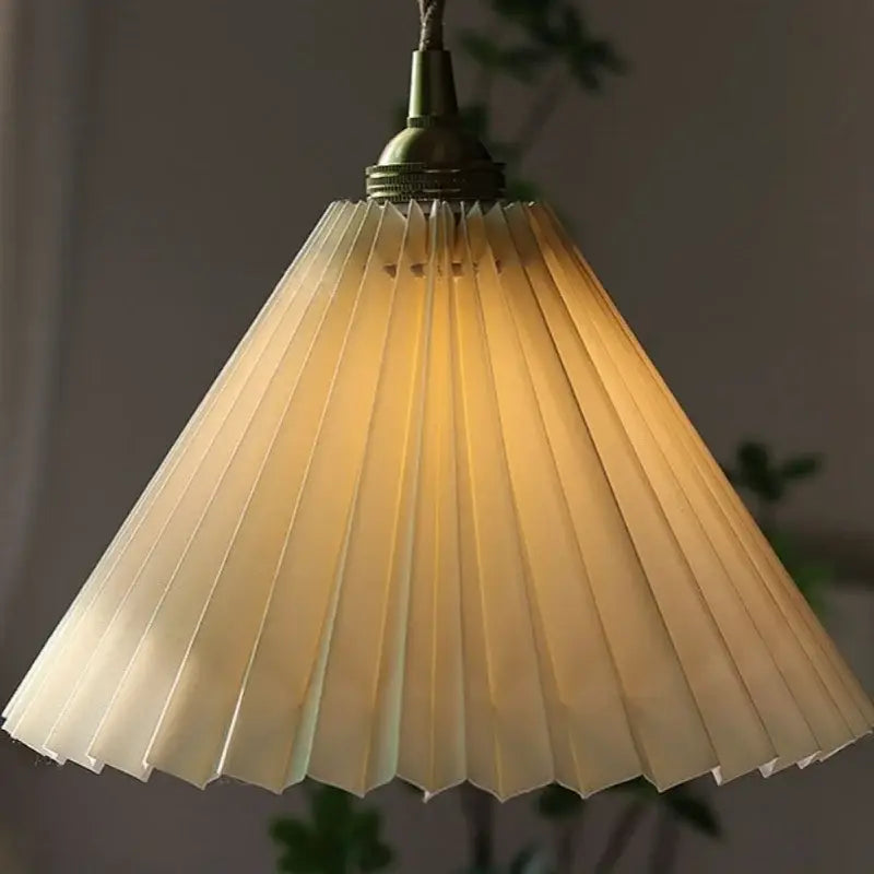 Warm-toned pleated paper pendant light with brass fixture and led walnut wood for elegant living room decorbites led walnut
