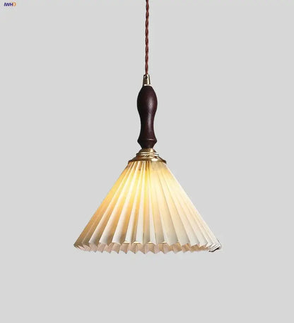 Warm-toned pleated paper pendant light with dark walnut wood handle and brass accents for living room decorbites led walnut