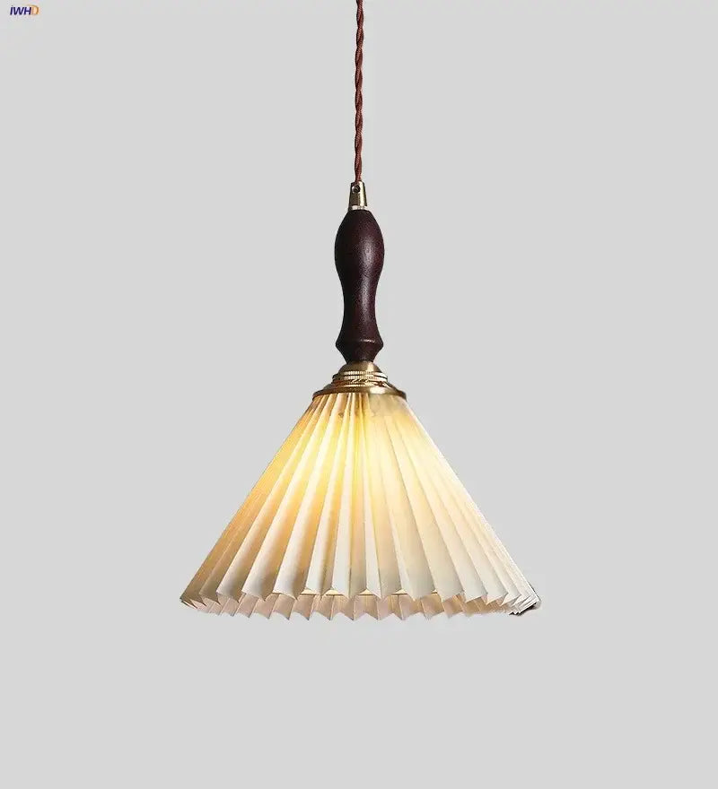 Warm-toned pleated paper pendant light with dark walnut wood handle and brass accents for living room decorbites led walnut