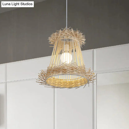 Japanese Rattan Cone Shade Pendant Lamp - Wood Hanging Light for Dining Room