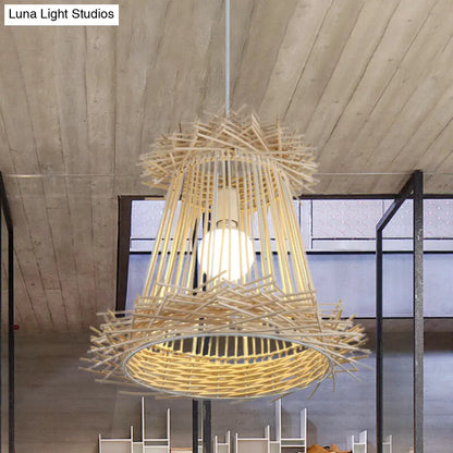 Japanese Rattan Cone Shade Pendant Lamp - Wood Hanging Light for Dining Room