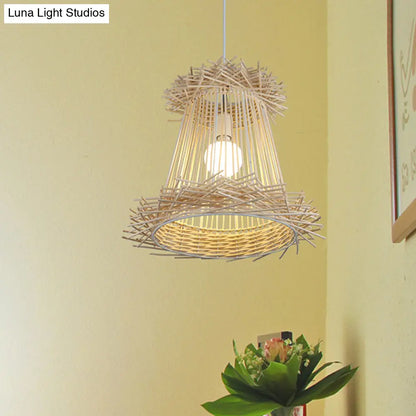 Japanese Rattan Cone Shade Pendant Lamp - Wood Hanging Light for Dining Room