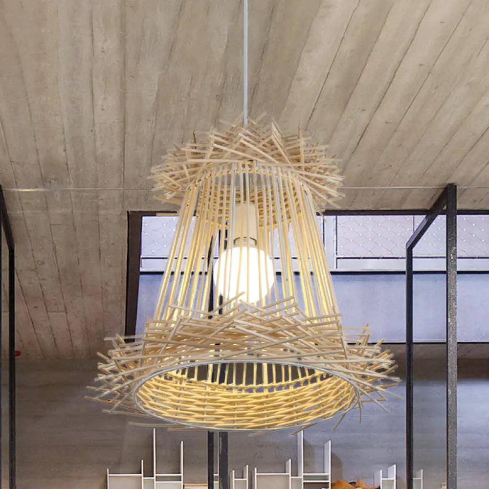 Japanese Rattan Cone Shade Pendant Lamp - Wood Hanging Light for Dining Room