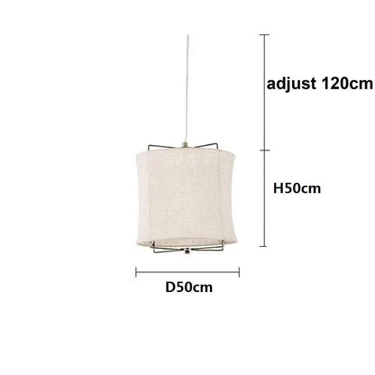Japanese retro beige decorbites linen fabric chandelier with cylindrical fabric shade and adjustable metal hanging chain