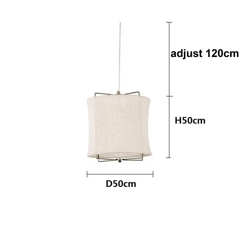 Japanese retro beige decorbites linen fabric chandelier with cylindrical fabric shade and adjustable metal hanging chain