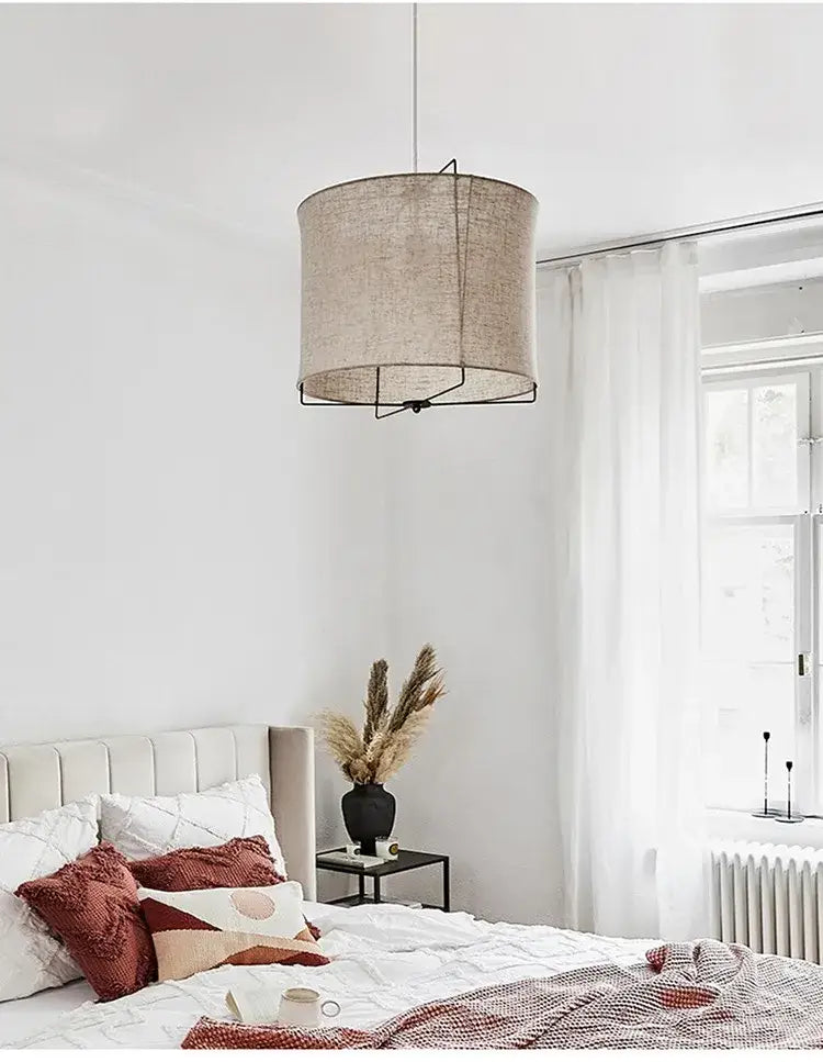 Beige linen fabric chandelier with black metal frame decorbites linen fabric pendant light for bedroom decor