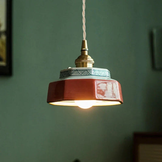 Japanese Retro Ceramic Pendant Light in Red or Blue