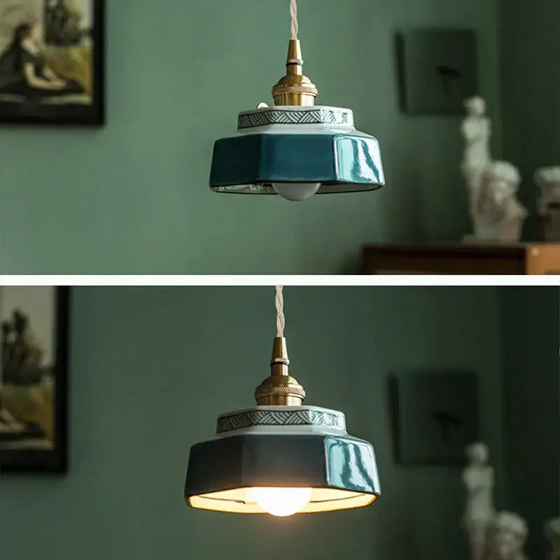 Teal ceramic pendant light with brass finish and geometric trim for Japanese retro red and blue ceramic pendant dining room