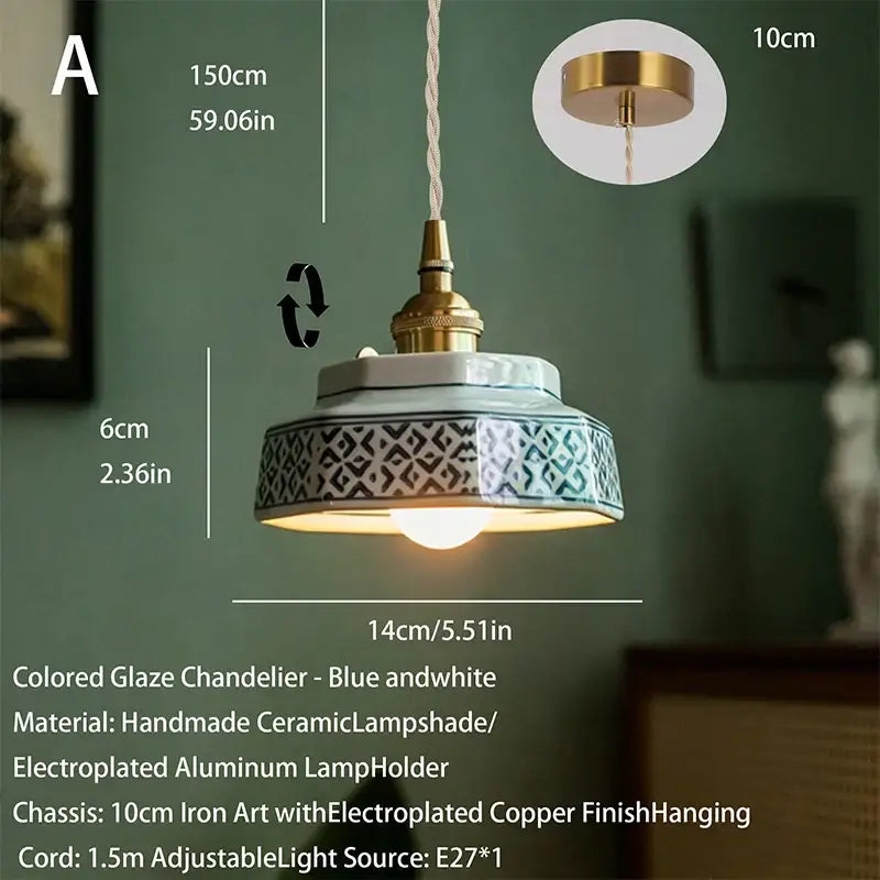 Blue and white hand-painted ceramic pendant light with brass-finished fixture for Japanese retro dining room decor
