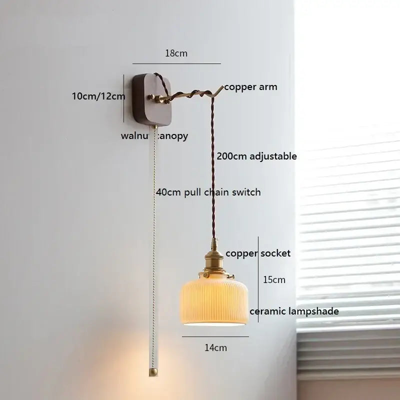 Copper and walnut wall light with ribbed ceramic led shade for bedroom decorbites ceramic led wall fixture