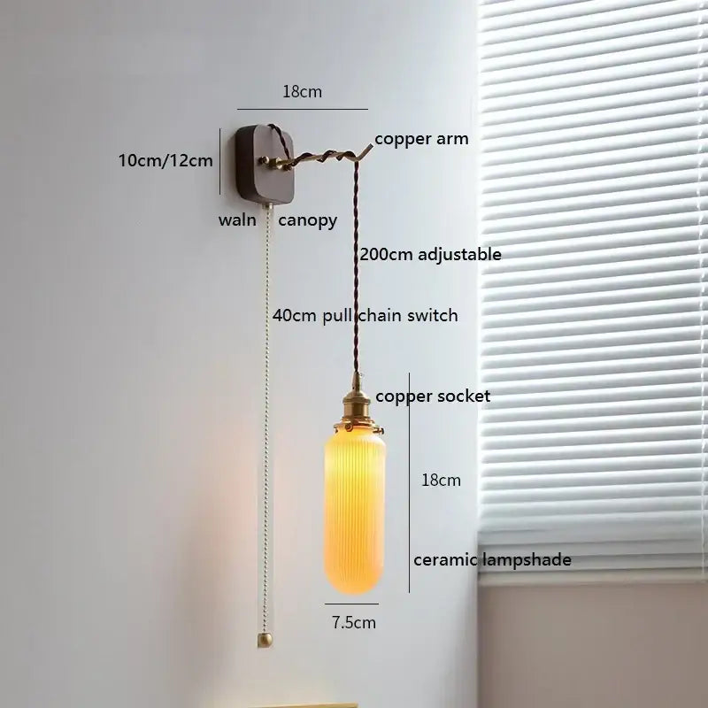 Copper-finished decorbites ceramic led wall light with ribbed ceramic lampshade and adjustable pull-chain switch for bedroom