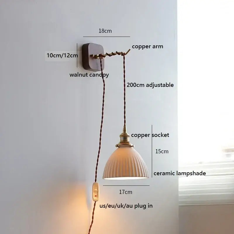 Copper-arm wall light with ribbed ceramic led shade and walnut canopy for bedroom decorbites ceramic led wall lighting
