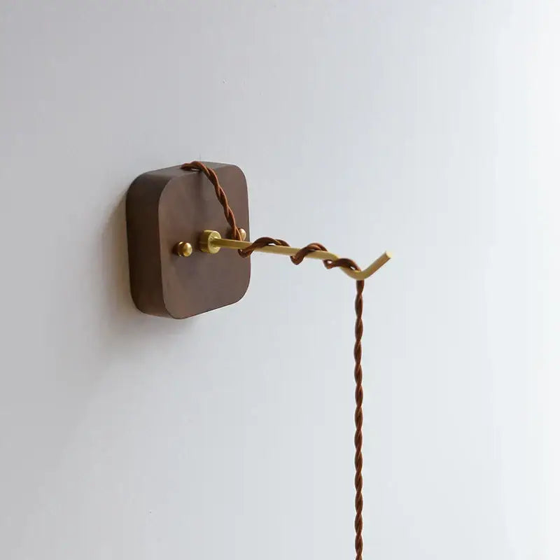 Dark wood wall light with twisted brown cord and brass hardware for decorbites ceramic led wall bedroom use