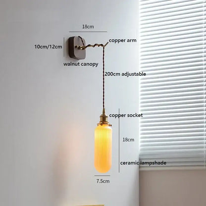 Japanese ribbed glass ceramic led wall light with amber ceramic lampshade and copper arm for bedroom decorbites ceramic led wall
