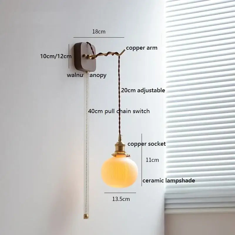 Warm-toned decorbites ceramic led wall light with brass copper arm and walnut mount for bedroom decor