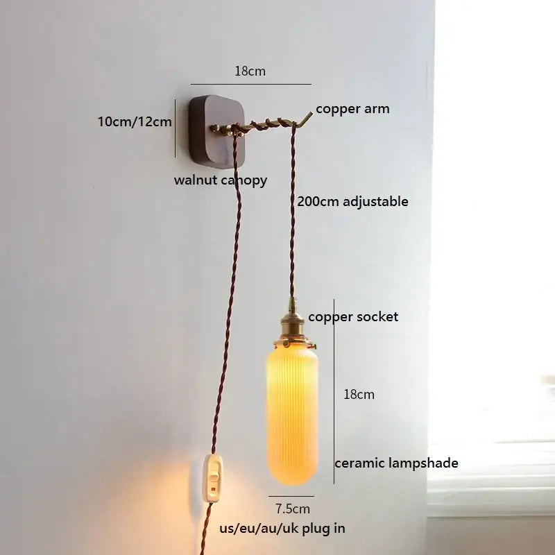 A warm-toned Japanese ribbed glass ceramic led wall light with vertical ridges and walnut canopy for bedroom decorbites ceramic led