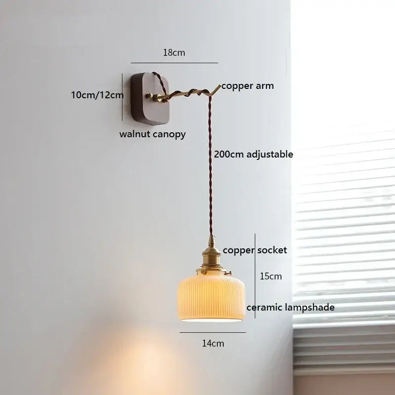 A warm-toned ceramic led wall light with vertical ridges and copper fixture mounted on a walnut canopy for bedroom decorbites ceramic led