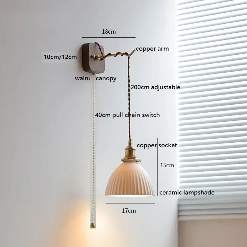 A warm-toned ceramic led wall light with vertical ridges and copper socket mounted on walnut canopy for bedroom decorbites ceramic led