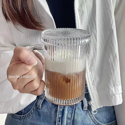 Clear ribbed glass coffee cup set with handle and matching lid from decorbites kitchen glassware collection