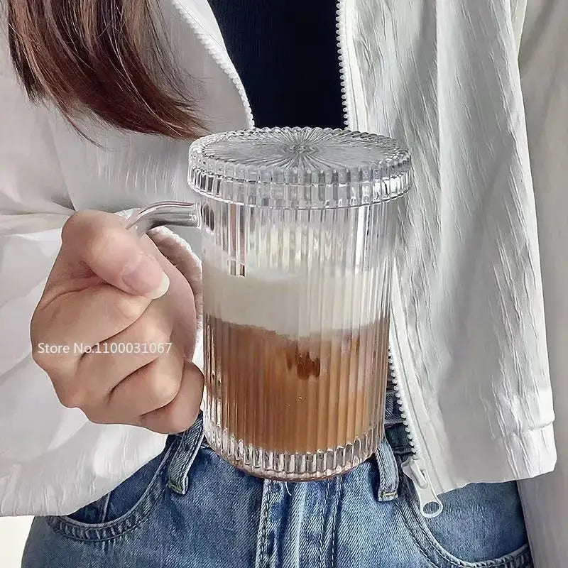 Clear ribbed glass coffee cup set with handle and matching lid from decorbites kitchen glassware collection