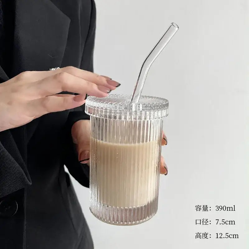 Clear ribbed glass straw cup with matching lid and transparent straw from decorbites glass straw cup set