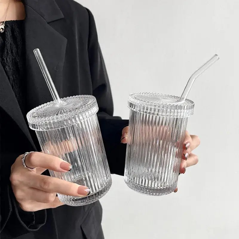 Clear japanese ribbed glass straw cup set with matching lids and transparent straws for decorbites glass straw use
