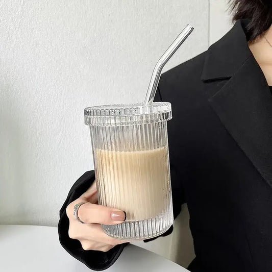 Clear ribbed glass straw cup set with matching lid and stainless steel straw by decorbites for kitchen use