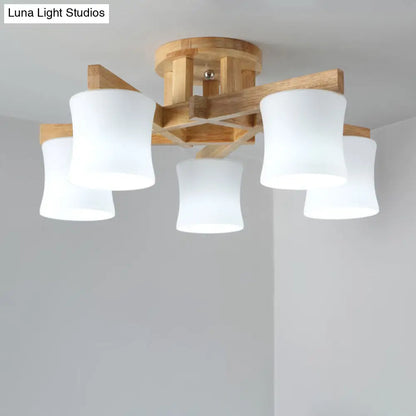 DecorBites™ DecorBites™ Japanese Semi Flush Mount Chandelier with White Glass Shade and Wooden Canopy