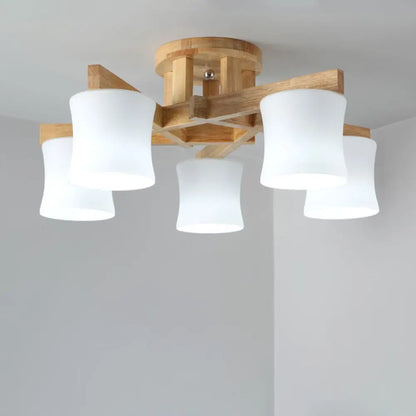 DecorBites™ DecorBites™ Japanese Semi Flush Mount Chandelier with White Glass Shade and Wooden Canopy