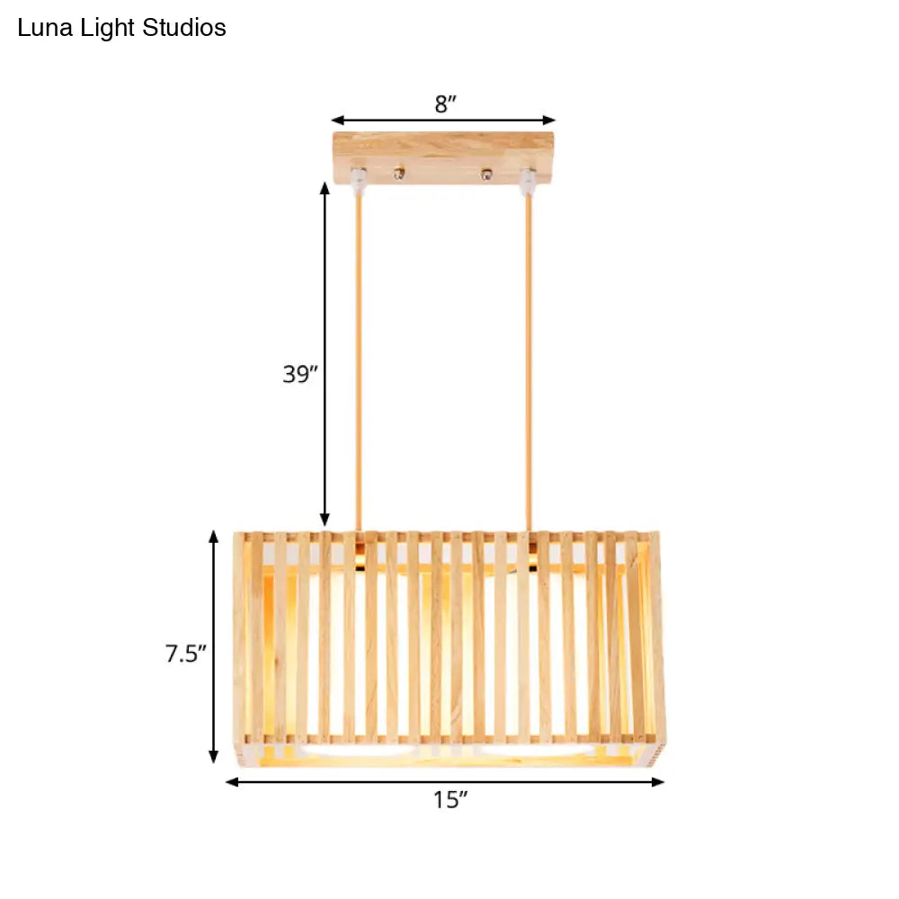 DecorBites™ Japanese Style 2-Head Pendant Lighting for Dining Table - Rubber Wood Cuboid Cage Island Light