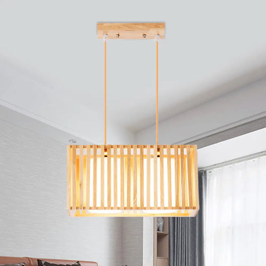 DecorBites™ Japanese Style 2-Head Pendant Lighting for Dining Table - Rubber Wood Cuboid Cage Island Light