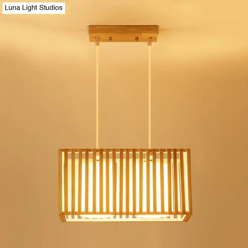 DecorBites™ Japanese Style 2-Head Pendant Lighting for Dining Table - Rubber Wood Cuboid Cage Island Light