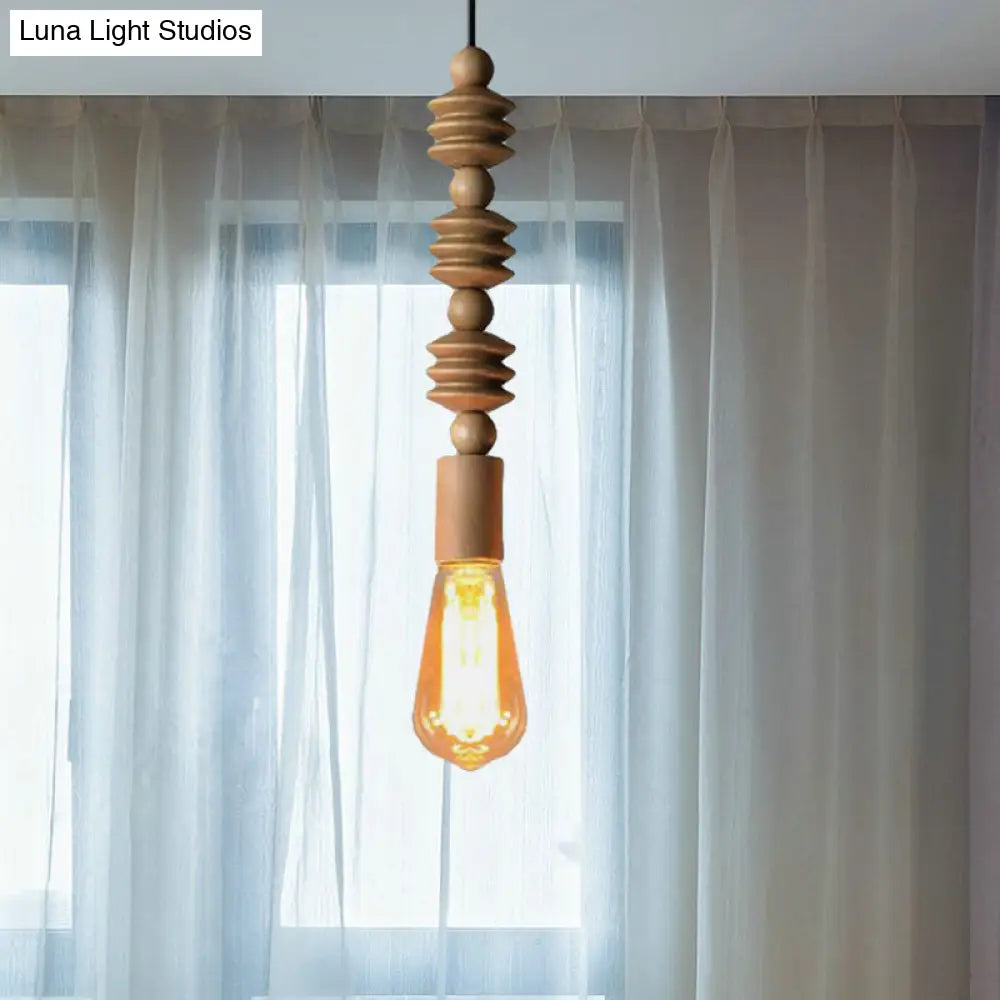 Japanese Style Bare Bulb Hanging Lamp - Wooden Deco Single Light Pendant Light in Beige - Ideal for Kitchen