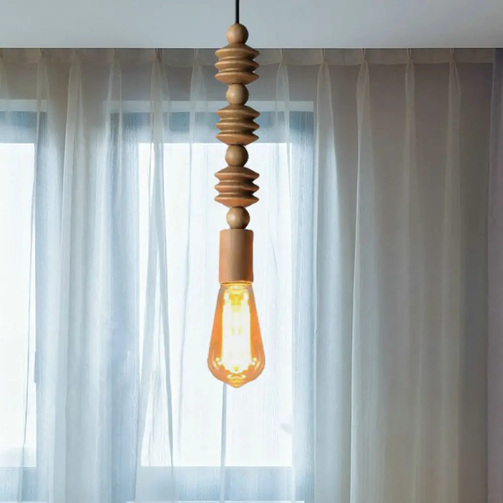 Japanese Style Bare Bulb Hanging Lamp - Wooden Deco Single Light Pendant Light in Beige - Ideal for Kitchen